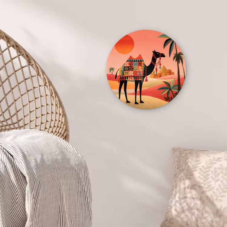 Kameel - Gekleurd tapijt - Duinen - Rode zon Wandcirkel kunststof plaat 5mm dik klein -sfeer5