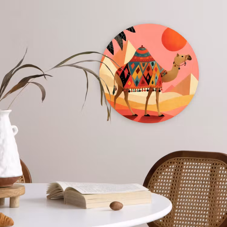 Kameel - Pyramides - Rode zon Wandcirkel kunststof plaat 5mm dik klein -sfeer4