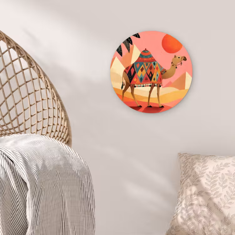 Kameel - Pyramides - Rode zon Wandcirkel kunststof plaat 5mm dik klein -sfeer5