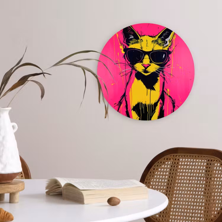 Kat - Art - Zonnebril - Roze Wandcirkel kunststof plaat 5mm dik klein -sfeer4