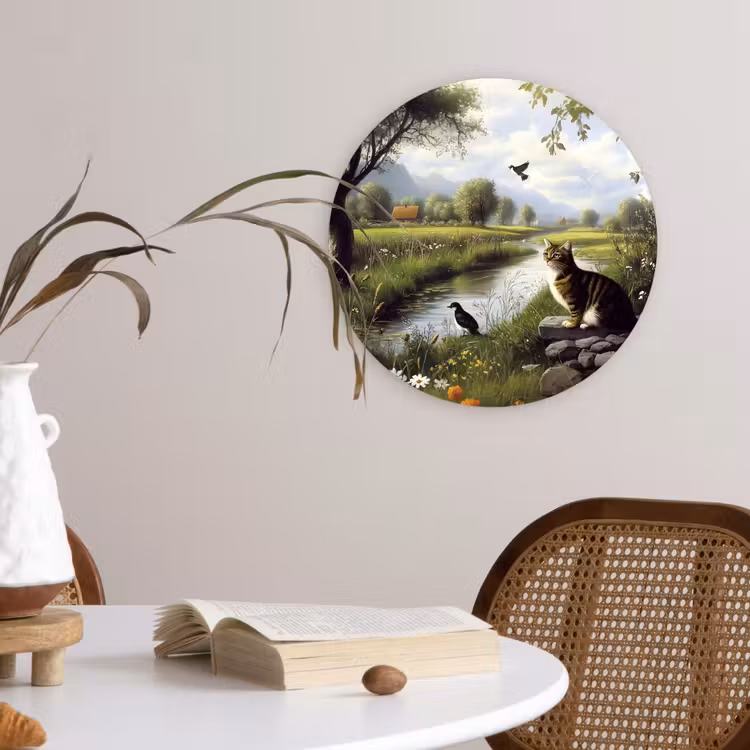 Kat - Beekje - Weide Wandcirkel kunststof plaat 5mm dik klein -sfeer4