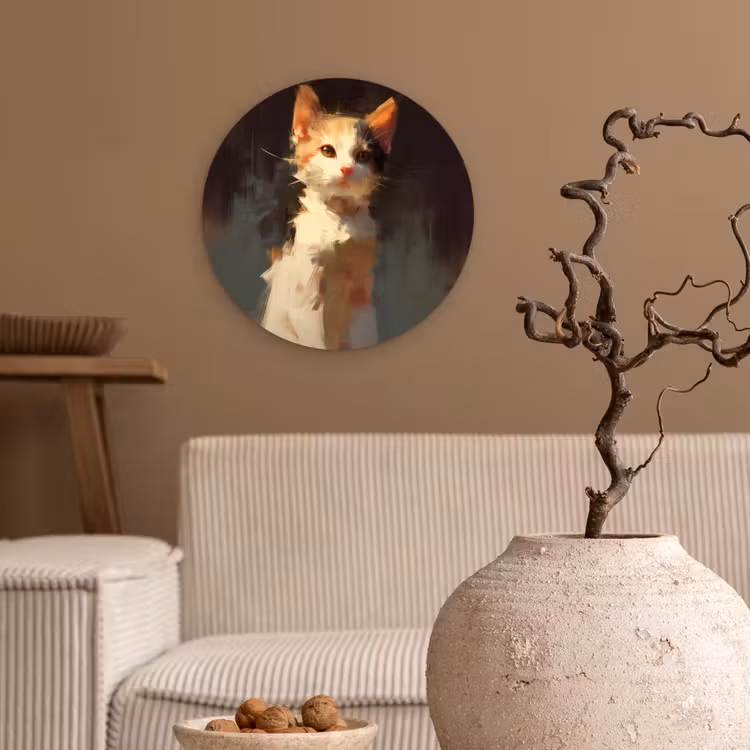 Kat - Geschilderd - Artistiek - Wit Wandcirkel kunststof plaat 5mm dik klein -sfeer1