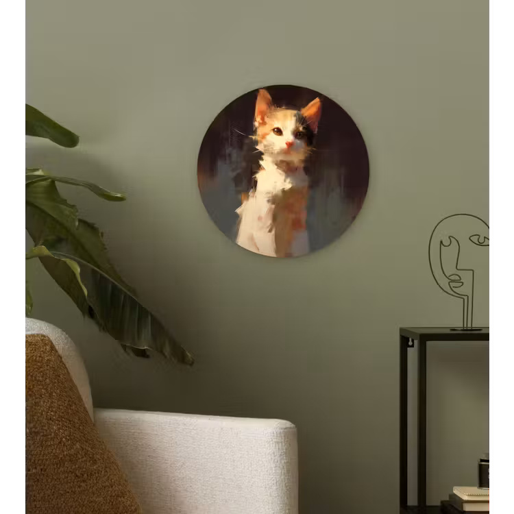 Kat - Geschilderd - Artistiek - Wit Wandcirkel kunststof plaat 5mm dik klein -sfeer3