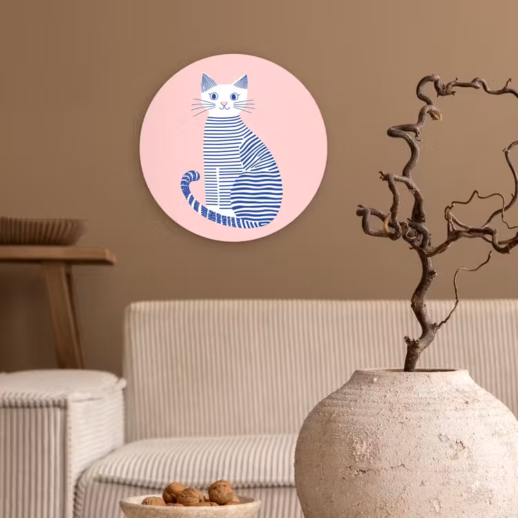 Kat - Illustratie - Minimalistisch - Roze Wandcirkel kunststof plaat 5mm dik klein -sfeer1