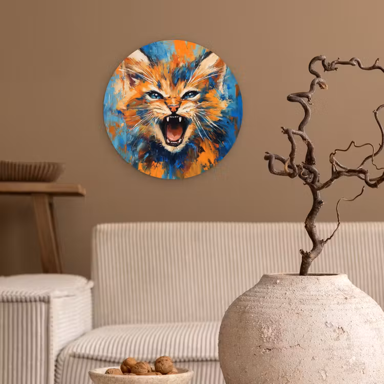 Kat - Kleurrijk - Oranje - Blauw Wandcirkel kunststof plaat 5mm dik klein -sfeer1