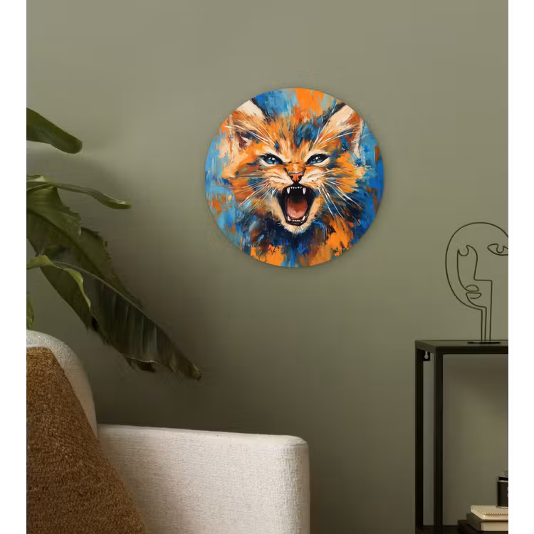 Kat - Kleurrijk - Oranje - Blauw Wandcirkel kunststof plaat 5mm dik klein -sfeer3