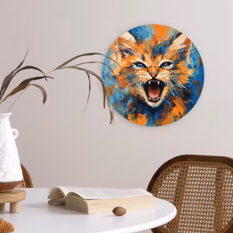 Kat - Kleurrijk - Oranje - Blauw Wandcirkel kunststof plaat 5mm dik klein -sfeer4