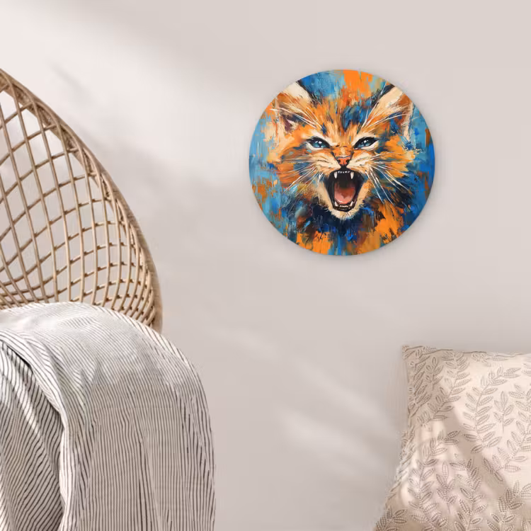 Kat - Kleurrijk - Oranje - Blauw Wandcirkel kunststof plaat 5mm dik klein -sfeer5