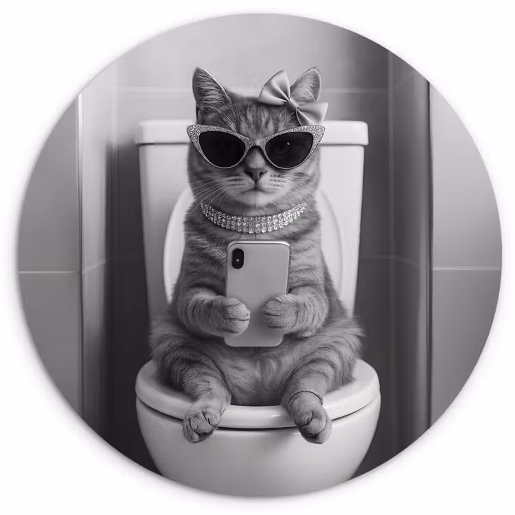 Kat - Telefoon - Toilet - Zwart - Wit Wandcirkel kunststof plaat 5mm dik klein -3d