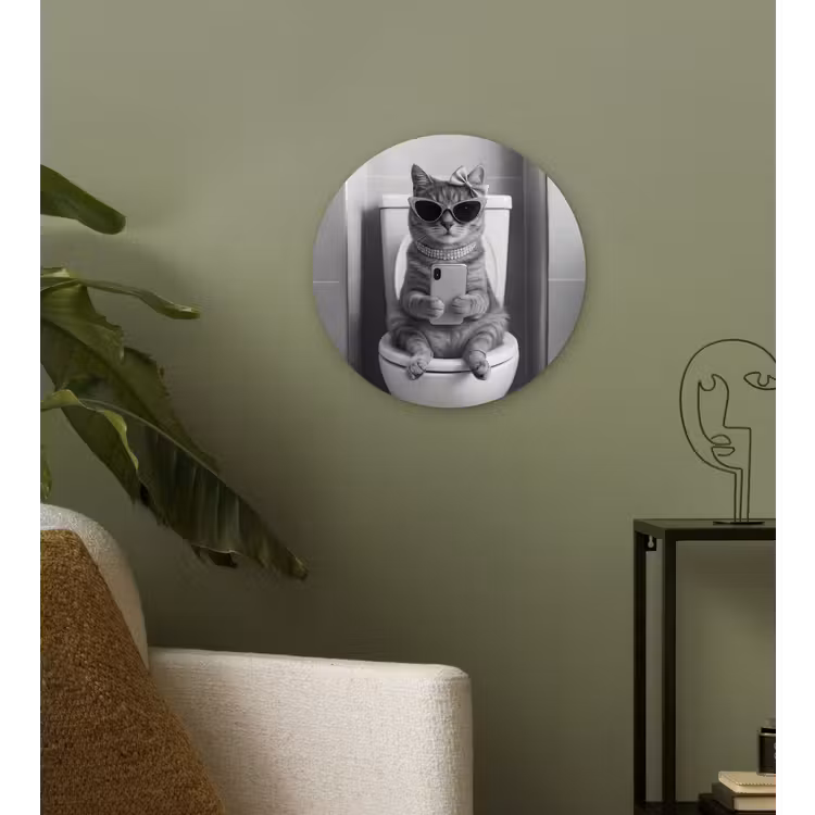 Kat - Telefoon - Toilet - Zwart - Wit Wandcirkel kunststof plaat 5mm dik klein -sfeer3