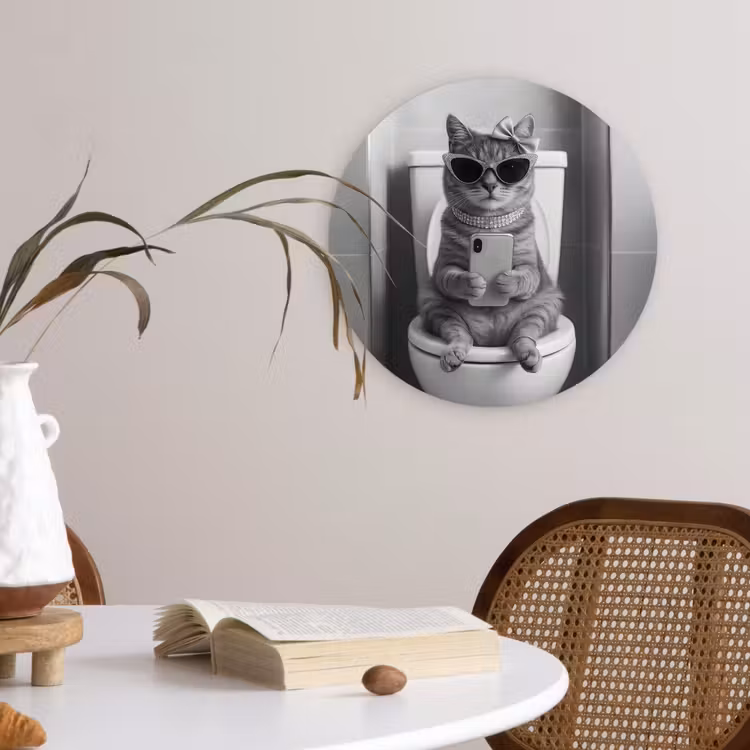 Kat - Telefoon - Toilet - Zwart - Wit Wandcirkel kunststof plaat 5mm dik klein -sfeer4