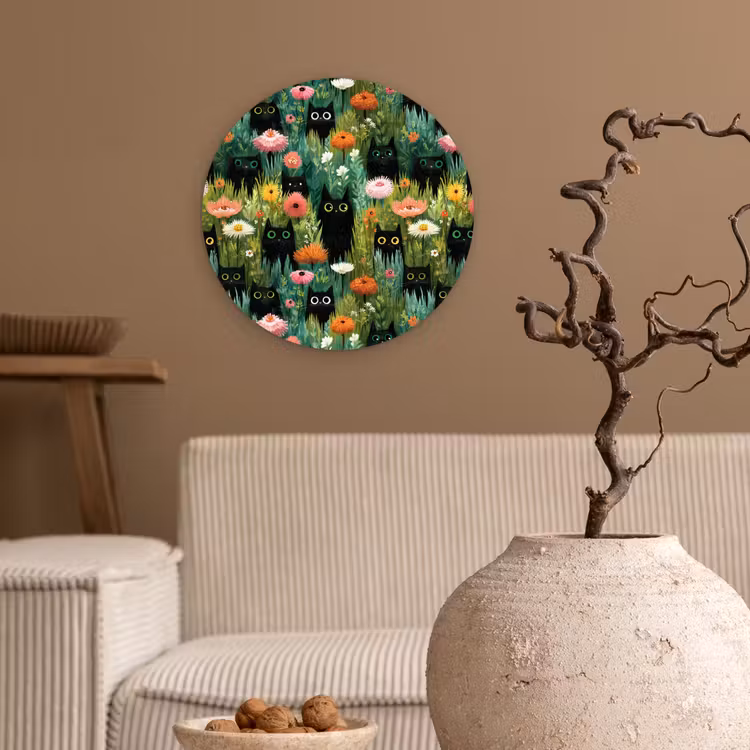 Katten - Bloemen - Kleurrijk Wandcirkel kunststof plaat 5mm dik klein 188 -sfeer1