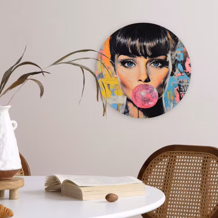 Kauwgom - Vrouw - Penseelstreken - Modern Wandcirkel kunststof plaat 5mm dik klein -sfeer4
