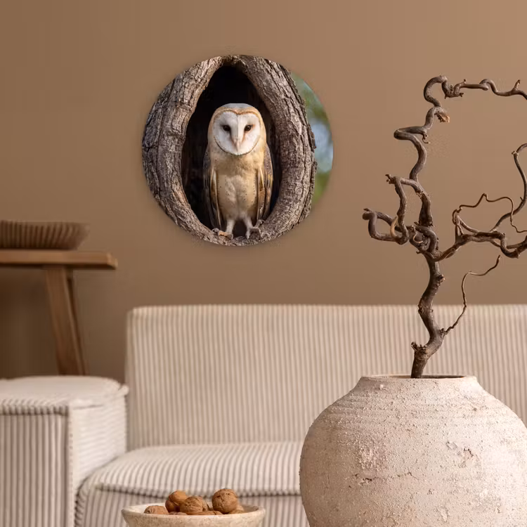Kerkuil - Boom - Natuur - Bruin Wandcirkel kunststof plaat 5mm dik klein -sfeer1