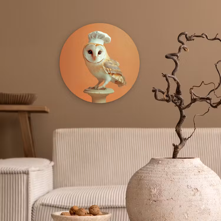Kerkuil - Koksmuts - Oranje - Vogel Wandcirkel kunststof plaat 5mm dik klein -sfeer1