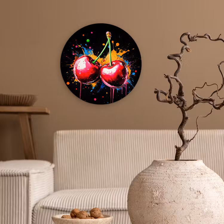 Kersen - Fruit - Graffiti - Verf - Abstract - Modern - Kleurrijk Wandcirkel kunststof plaat 5mm dik klein -sfeer1