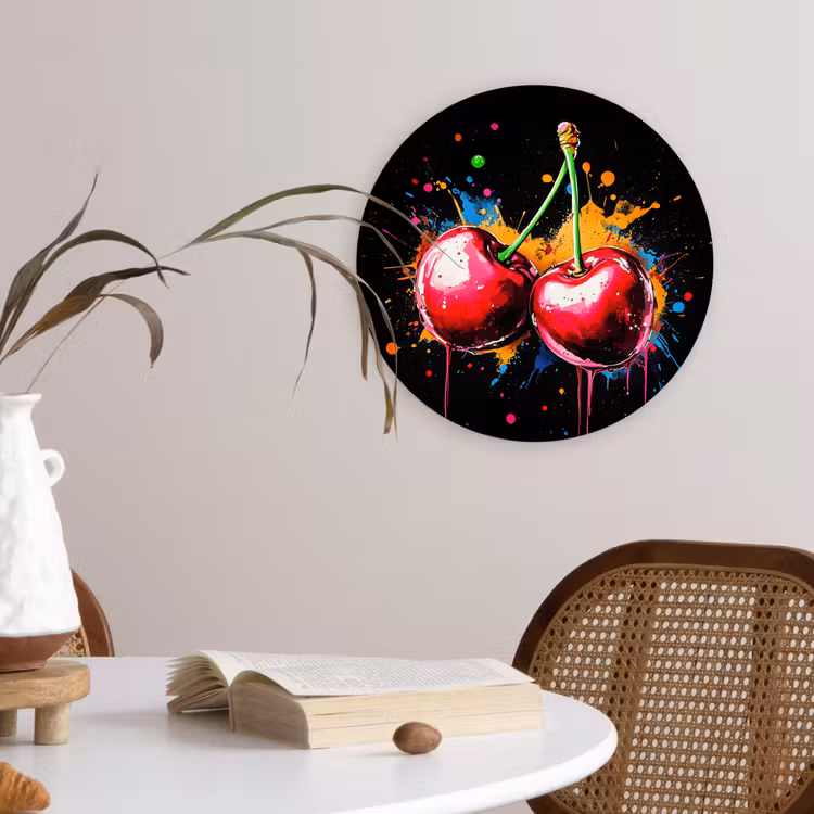 Kersen - Fruit - Graffiti - Verf - Abstract - Modern - Kleurrijk Wandcirkel kunststof plaat 5mm dik klein -sfeer4