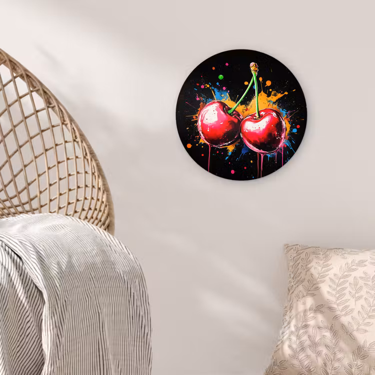 Kersen - Fruit - Graffiti - Verf - Abstract - Modern - Kleurrijk Wandcirkel kunststof plaat 5mm dik klein -sfeer5