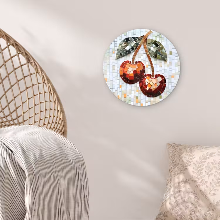 Kersen - Rood - Mozaïek - Blaadjes Wandcirkel kunststof plaat 5mm dik klein -sfeer5