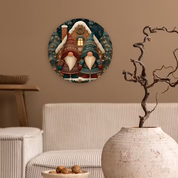 Kerst - Gnomen - Peperkoekhuisje - Rood - Groen Wandcirkel kunststof plaat 5mm dik klein -sfeer1