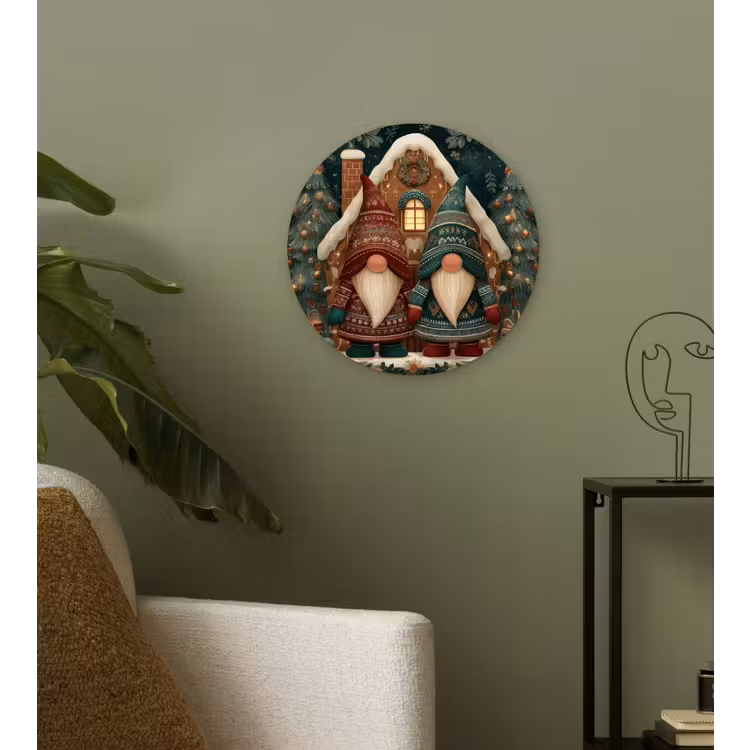 Kerst - Gnomen - Peperkoekhuisje - Rood - Groen Wandcirkel kunststof plaat 5mm dik klein -sfeer3