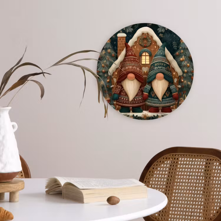 Kerst - Gnomen - Peperkoekhuisje - Rood - Groen Wandcirkel kunststof plaat 5mm dik klein -sfeer4
