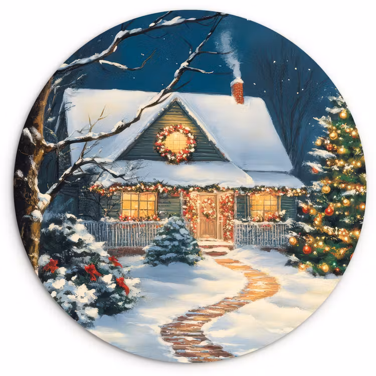 Kerst - Kerstboom - Winter - Huis - Sneeuw Wandcirkel kunststof plaat 5mm dik klein -3d