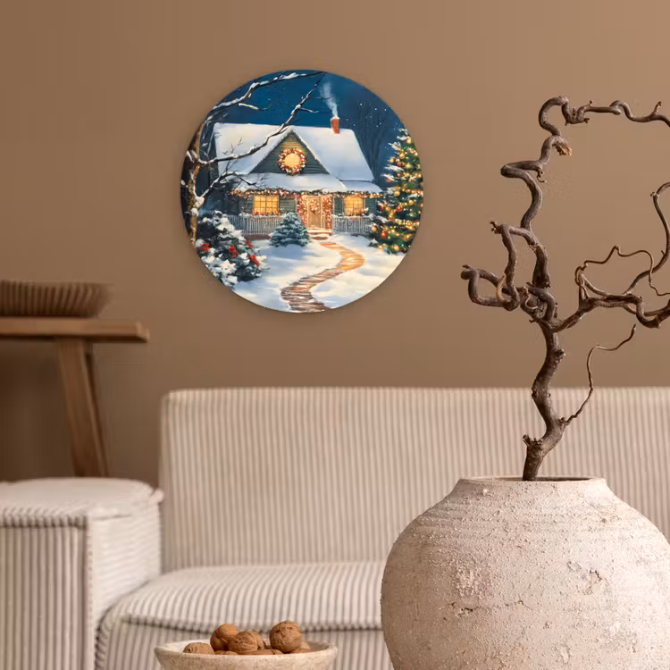 Kerst - Kerstboom - Winter - Huis - Sneeuw Wandcirkel kunststof plaat 5mm dik klein -sfeer1
