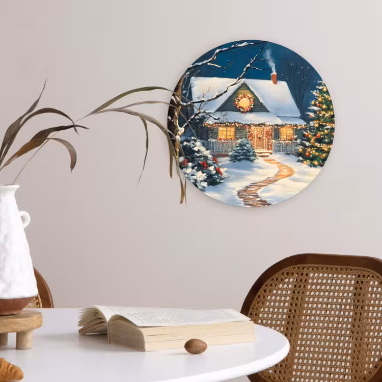Kerst - Kerstboom - Winter - Huis - Sneeuw Wandcirkel kunststof plaat 5mm dik klein -sfeer4