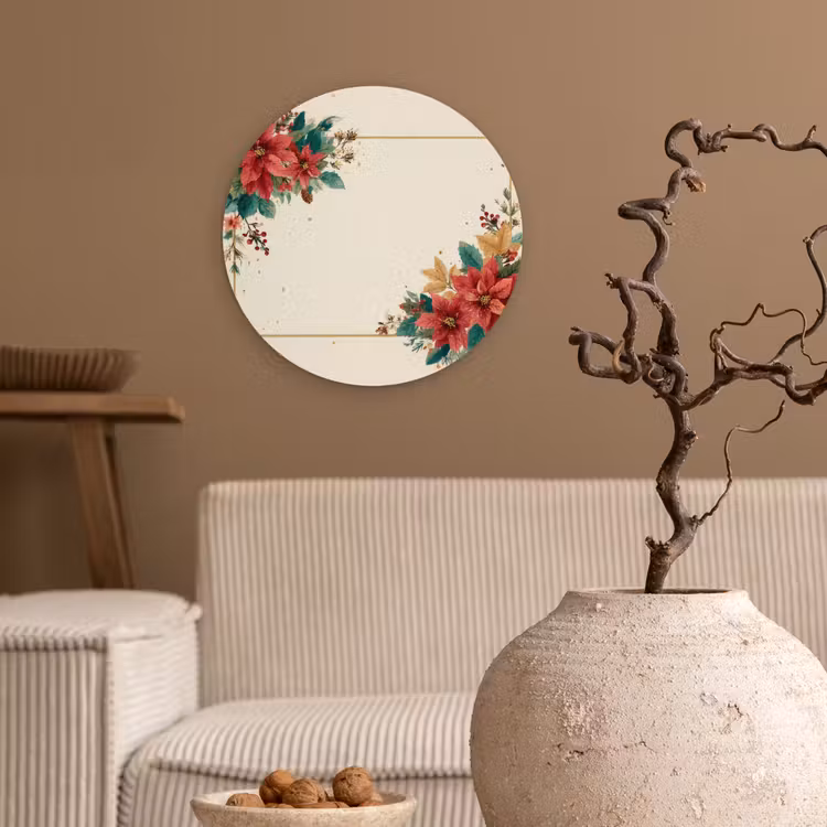 Kerst - Poinsettia - Omlijsting - Kleurrijk Wandcirkel kunststof plaat 5mm dik klein -sfeer1