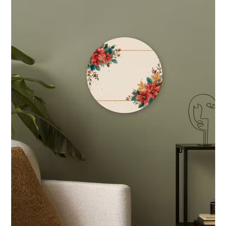 Kerst - Poinsettia - Omlijsting - Kleurrijk Wandcirkel kunststof plaat 5mm dik klein -sfeer3
