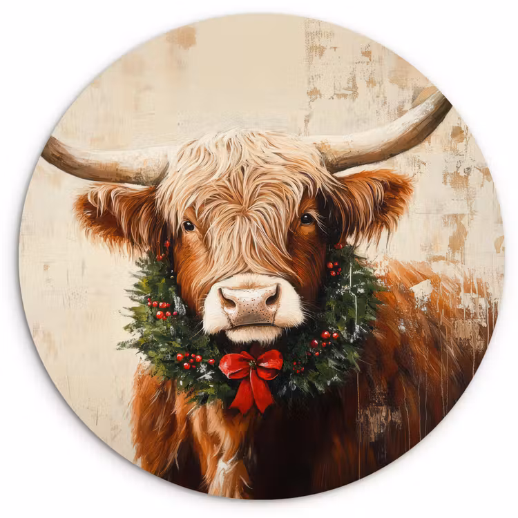 Kerst - Schotse Hooglander - Bruin - Krans Wandcirkel kunststof plaat 5mm dik klein -3d