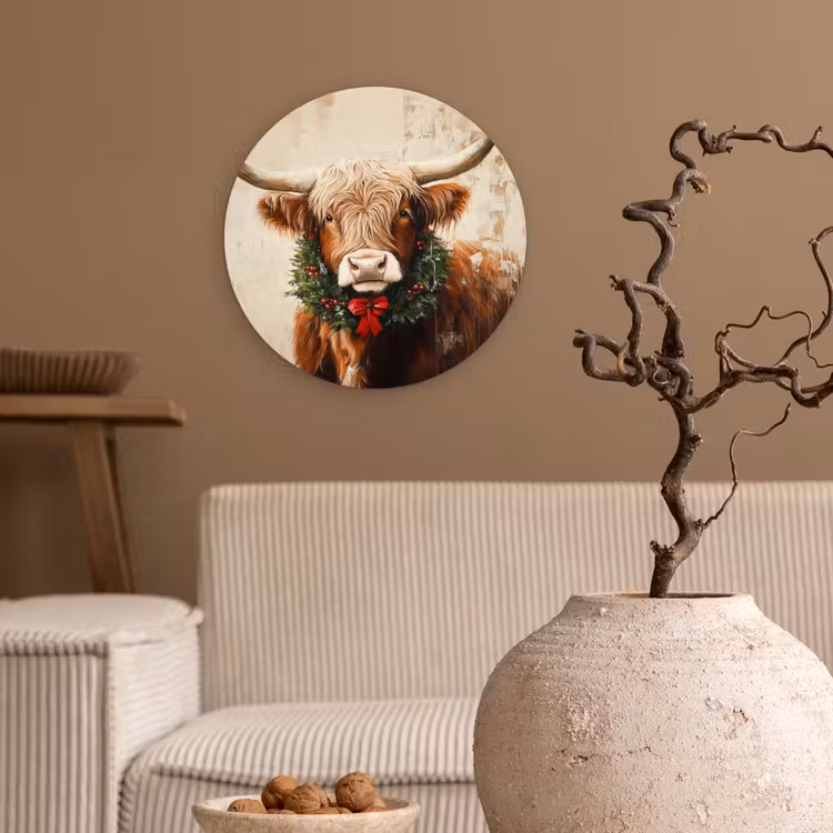 Kerst - Schotse Hooglander - Bruin - Krans Wandcirkel kunststof plaat 5mm dik klein -sfeer1