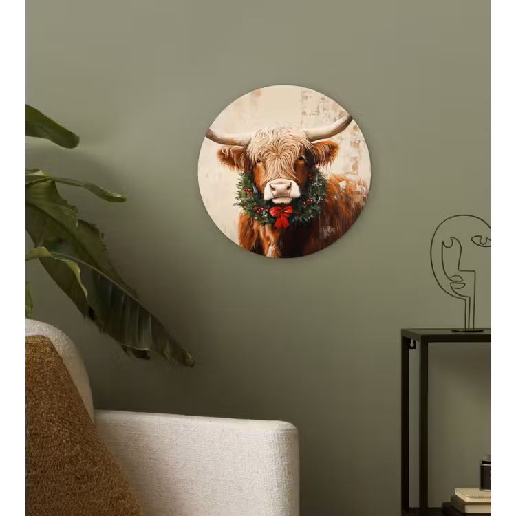 Kerst - Schotse Hooglander - Bruin - Krans Wandcirkel kunststof plaat 5mm dik klein -sfeer3