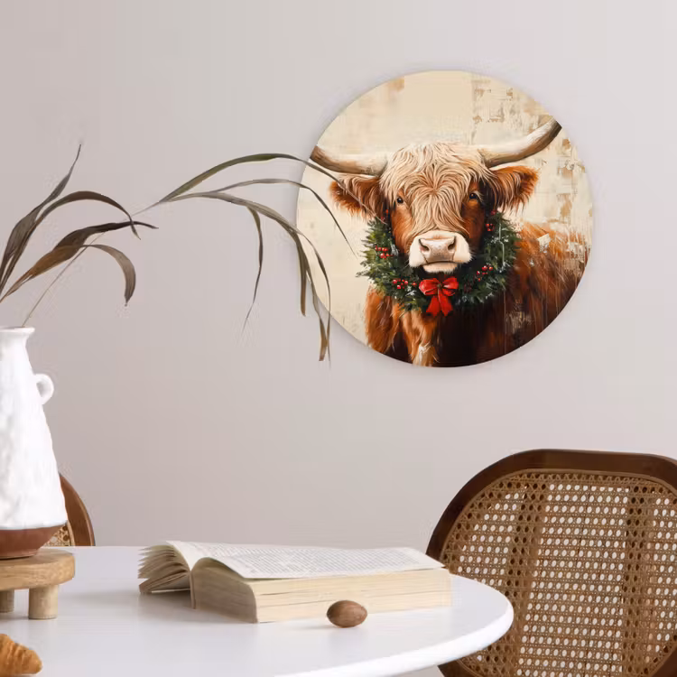 Kerst - Schotse Hooglander - Bruin - Krans Wandcirkel kunststof plaat 5mm dik klein -sfeer4