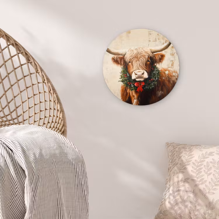 Kerst - Schotse Hooglander - Bruin - Krans Wandcirkel kunststof plaat 5mm dik klein -sfeer5