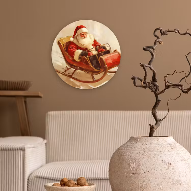 Kerst - Slee - Kerstman Wandcirkel kunststof plaat 5mm dik klein -sfeer1
