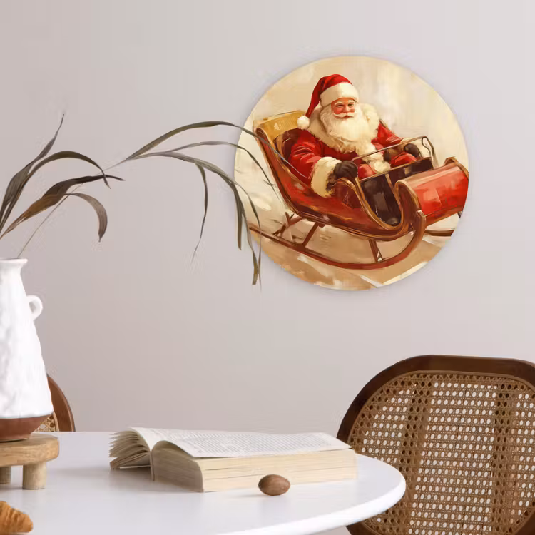 Kerst - Slee - Kerstman Wandcirkel kunststof plaat 5mm dik klein -sfeer4