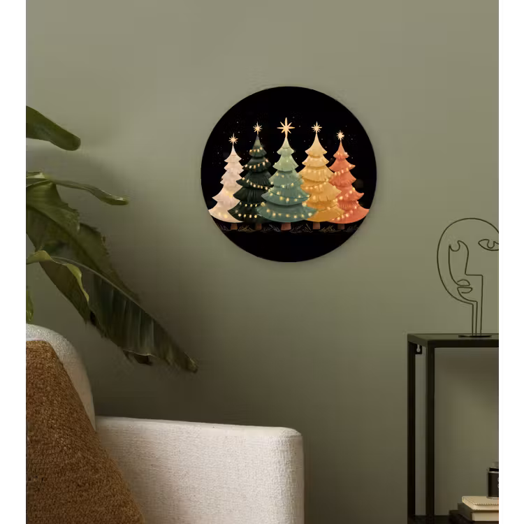 Kerstbomen - Kleurrijk - Lichtjes - Ster Wandcirkel kunststof plaat 5mm dik klein -sfeer3