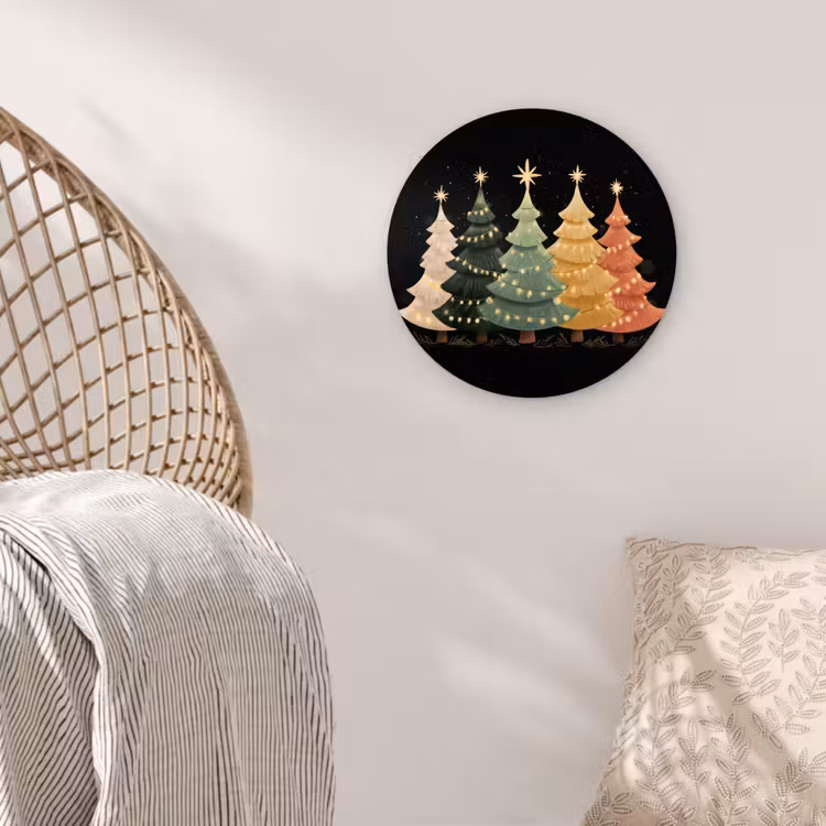 Kerstbomen - Kleurrijk - Lichtjes - Ster Wandcirkel kunststof plaat 5mm dik klein -sfeer5