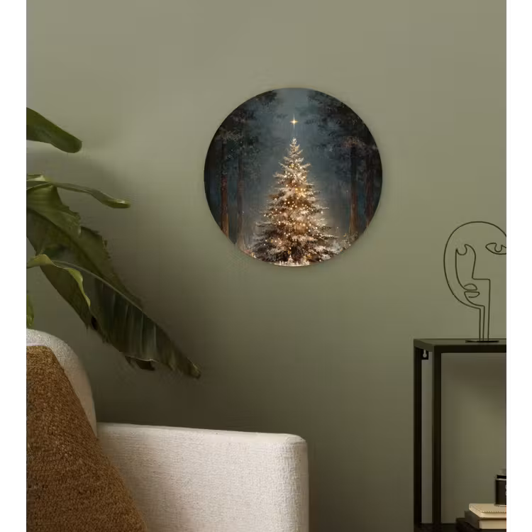 Kerstboom - Bos - Sneeuw - meerkleurig Wandcirkel kunststof plaat 5mm dik klein -sfeer3