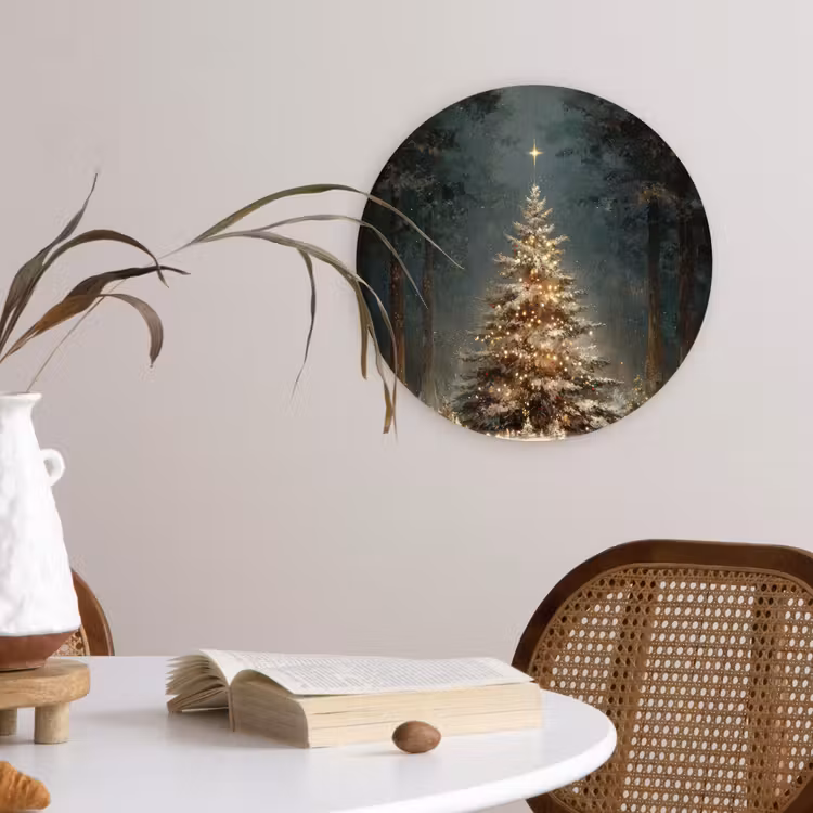 Kerstboom - Bos - Sneeuw - meerkleurig Wandcirkel kunststof plaat 5mm dik klein -sfeer4
