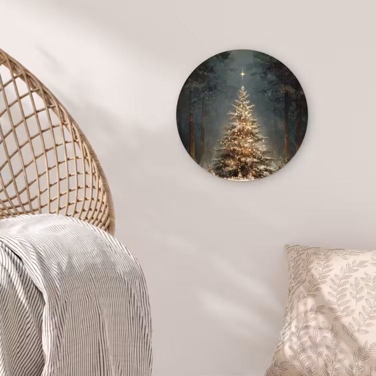 Kerstboom - Bos - Sneeuw - meerkleurig Wandcirkel kunststof plaat 5mm dik klein -sfeer5