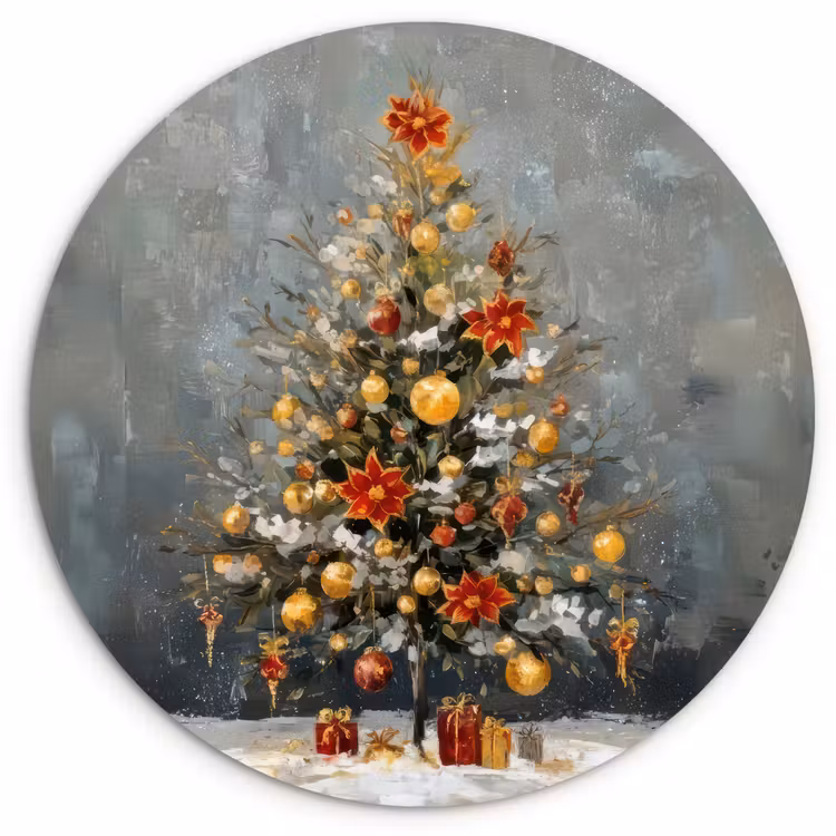 Kerstboom - Cadeaus - Rood - Goud Wandcirkel kunststof plaat 5mm dik klein -3d