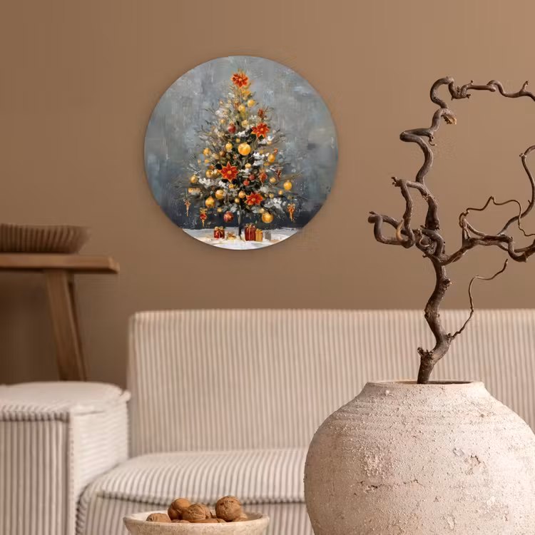 Kerstboom - Cadeaus - Rood - Goud Wandcirkel kunststof plaat 5mm dik klein -sfeer1