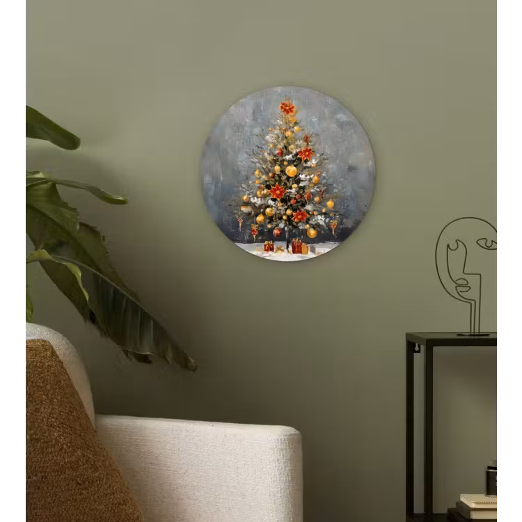Kerstboom - Cadeaus - Rood - Goud Wandcirkel kunststof plaat 5mm dik klein -sfeer3