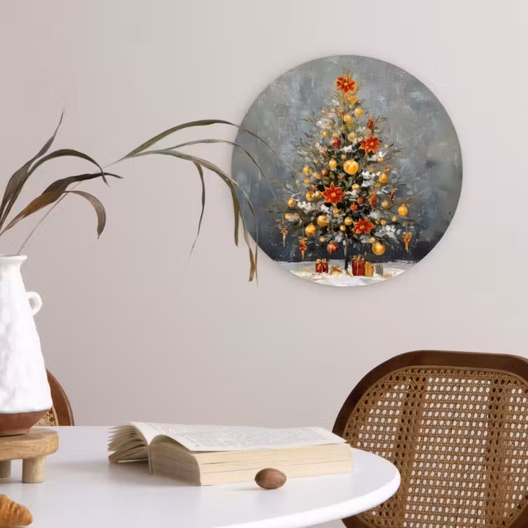 Kerstboom - Cadeaus - Rood - Goud Wandcirkel kunststof plaat 5mm dik klein -sfeer4