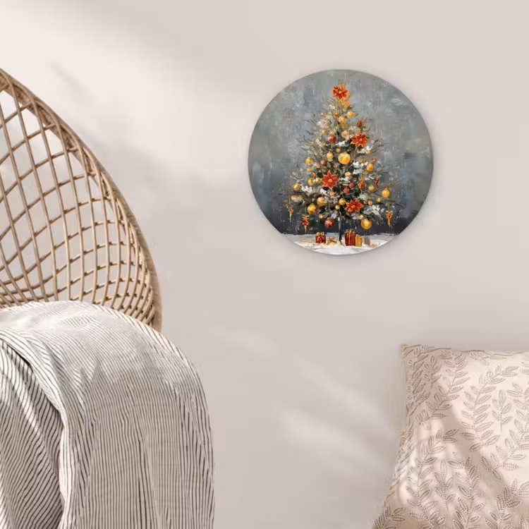 Kerstboom - Cadeaus - Rood - Goud Wandcirkel kunststof plaat 5mm dik klein -sfeer5