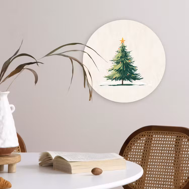 Kerstboom - Illustratie - Ster - Sneeuw Wandcirkel kunststof plaat 5mm dik klein -sfeer4