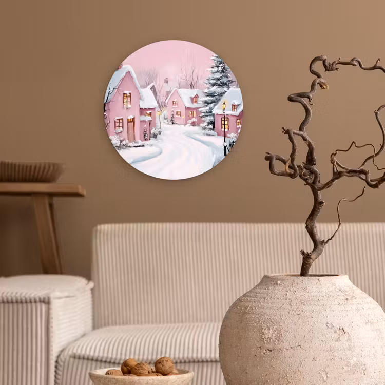 Kerstdorp - Roze - Winter - Sneeuw - Huizen Wandcirkel kunststof plaat 5mm dik klein -sfeer1